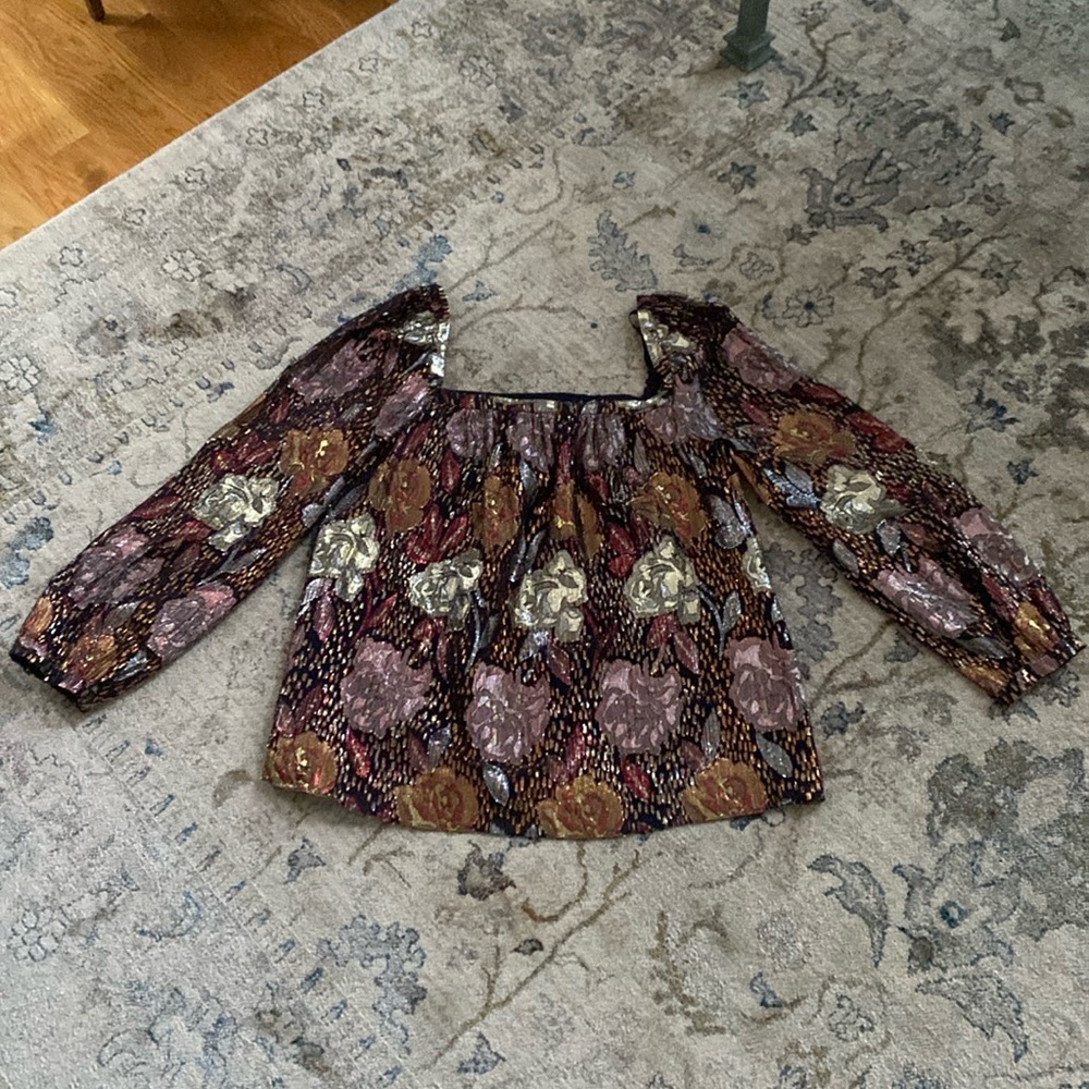 EUC SIZE S REBECCA TAYLOR GLISTENING ROSES SQUARE NECK TOP - Picture 2 of 9